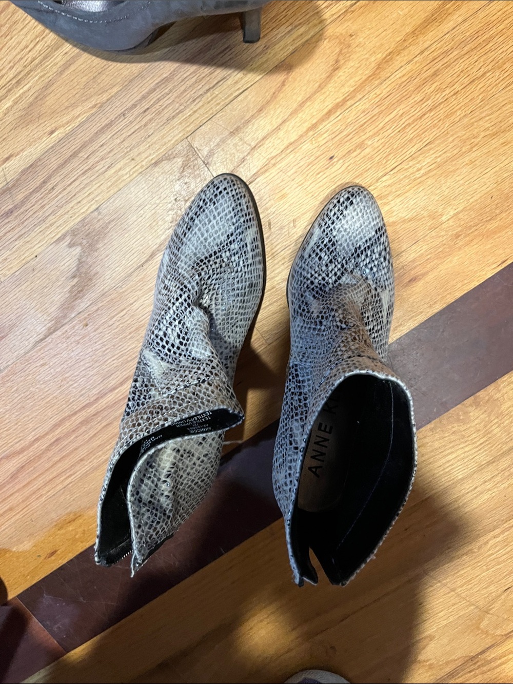 Anne Klein Snake-Print Pointed Toe Ankle Booties in Gray